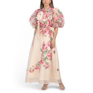 DALIA MACPHEE Pink Multi Puff Sleeve Floral Maxi Dress With 3d Floral Applique